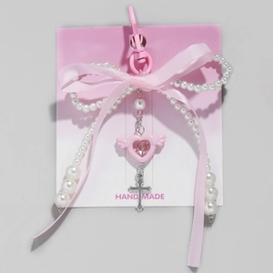 Pink Bow Bag Charm Keychain With Heart Wings Star And Cross Alloy Faux Artificial Pearl Ribbon Fairy Sweet Aesthetic Accessories