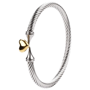 Macro detail of silver twisted cable bangle featuring a contrasting gold heart charm clasp