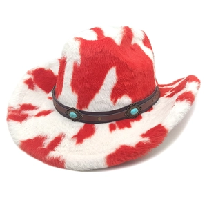 Plush red and white cow print western cowboy hat with turquoise leather band detailing