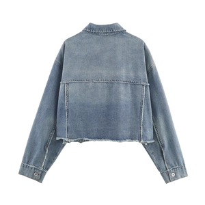 Back view of light blue denim short jacket with raw hem and dropped shoulders on white background