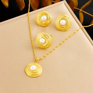 Vintage French Style Gold Plated Stainless Steel Spiral Artificial Pearl Necklace Earrings And Ring Jewelry