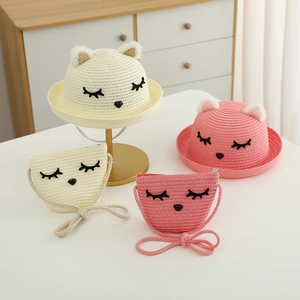 Set cappello di paglia e borsa a tracolla per bambina con orecchie e ricami dolci