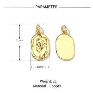 Detail showing dimensions and material parameters for golden rose flower copper pendant