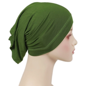 Detail view of olive green modal hijab cap showing fabric texture and side stitching