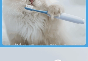Close-up of a white cat using the blue and white silicone pet toothbrush with soft bristles