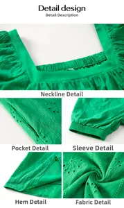 Dettagli dell'abito verde con scollo a quadrato, ricamo traforato e polsini elasticizzati