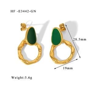 Detail view of 18K gold plated earrings with size specs 28.5mm by 19mm and weight 5.6g
