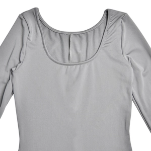 Detailed close-up of the U-neck collar and grey elastic fabric texture of the bodysuit