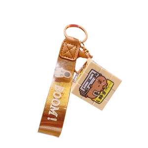 Capybara mini magic cube keychain with printed ribbon strap and golden metal ring