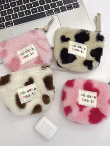 Mini Plush Coin Purse Heart Leopard Cow Print Earphone Case Lipstick Storage Bag Portable Zipper Pouch For Women Girls