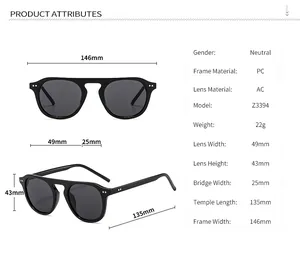Detailed size chart for retro round frame sunglasses including lens width and arm length