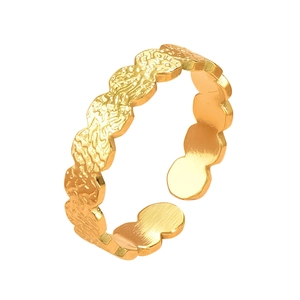 Vintage floral pattern adjustable stainless steel open ring with gold petal texture