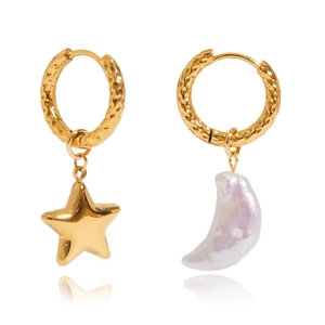 18K gold plated celestial earrings featuring star charm and white pearl moon pendant