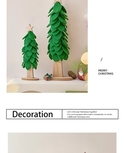 Detail of handcrafted green felt Christmas tree decorations with rustic wooden base