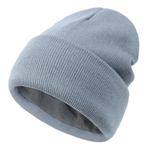 Detail view of the thick gray fleece lining inside this warm knitted winter beanie