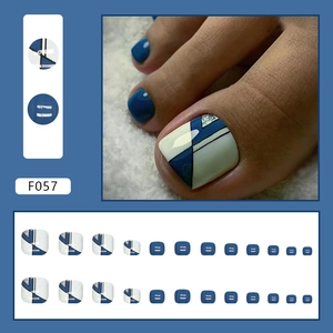 Blue geometric sea style press-on toenails set featuring 24 pieces for women