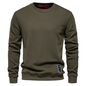 Men's olive green crewneck sweatshirt in knit cotton with ribbed cuffs and side label