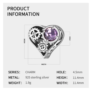 Mechanical heart gear charm in S925 silver with purple zircon and dimension markings