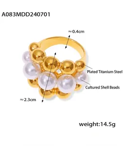 Detailed view of layered titanium steel gold ring with elegant shell bead accents