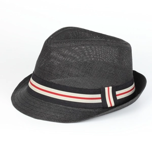 Black woven straw fedora with striped ribbon band for summer beach holiday sun protection