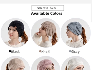Detail view of knitted ponytail beanie hats showing various colors and woven texture