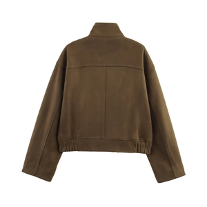 Back view of a brown cropped suede jacket featuring a stand collar and elastic hemline