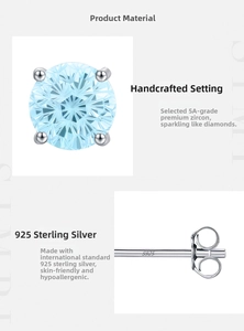 Close-up of S925 sterling silver stamp and light blue zircon gemstone on the earring