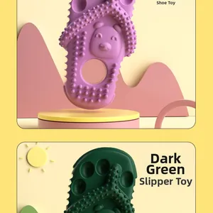 Detail of slipper-shaped dog chew toy with textured surface in purple and green