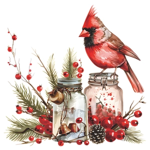 Sticker mural de Noël avec oiseau cardinal, baies rouges et pommes de pin sur fond blanc