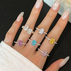 Luxury 925 Sterling Silver Rectangle Zirconia Ring For Women Ice Flower Cut Geometric Light Luxury Elegant Fashion Finger Jewelry