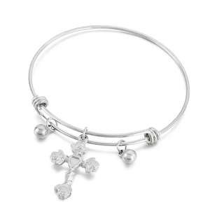 Bracciale regolabile in acciaio argento con ciondolo a croce incisa con rose e cuore