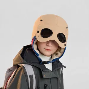 Kids warm pilot hat with goggles and fleece lining in khaki, featuring ear flaps and chin strap