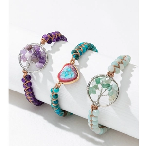Tree Of Life Necklace And Bracelet Handmade Woven Bohemian Natural Crushed Stone Heart Pendant Adjustable For Women