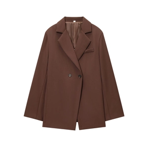Slim fit brown double-breasted blazer for women with a minimalist professional design