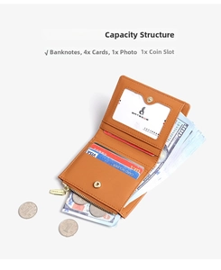 Internal view of a slim brown leather wallet with four card slots and a zipper coin pocket