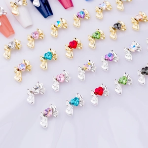 DIY bow and heart alloy nail art charms with colorful rhinestones in gold and silver