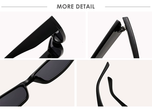 Detail view of small square sunglasses showing metal hinges and sleek black frames