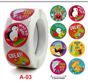 Detail of 8 cartoon animal reward stickers with motivational text and 1-inch roll size