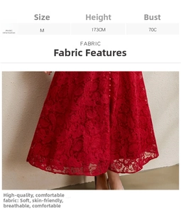 Tableau des tailles pour robe en dentelle rouge avec col montant et boutons perles