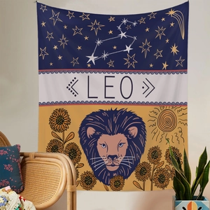 Detail of Leo zodiac tapestry featuring lion head and astrology stars on wall