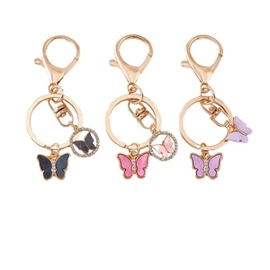 Chic rhinestone butterfly keychains in black, pink, and purple with gold plating