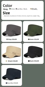 Flat top military cap details in five colors with adjustable strap and side embroidery