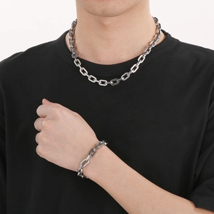 Minimalist silver titanium steel square link necklace and bracelet jewelry set on model