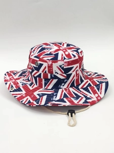 Detail of outdoor sun hat with Union Jack print, metal vents, and adjustable wind cord