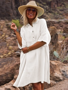 Relaxed white polo collar midi shirt dress for women in breathable cotton linen fabric