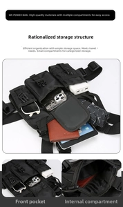 Detail view of tactical chest bag showing multi-compartment storage for tablet and phone