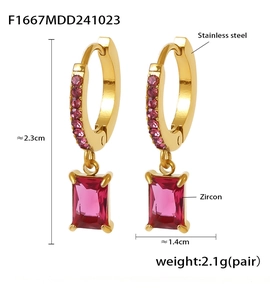 Detailed size and weight specs for gold 18K plated stainless steel red zircon earrings