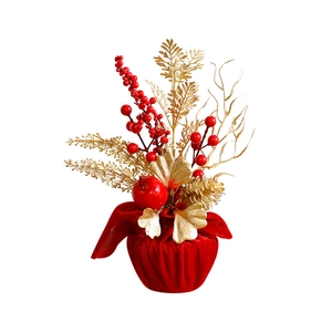 Decorazione natalizia con bacche rosse, pigne e foglie d'oro su base di velluto rosso