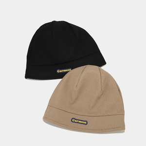 Winter waffle knit beanie hats in black and khaki with Garment embroidery patch detail