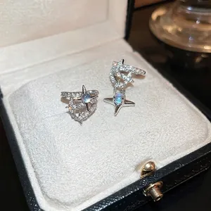 Asymmetric star moonstone ear cuffs with zircon in silver finish for non-pierced ears